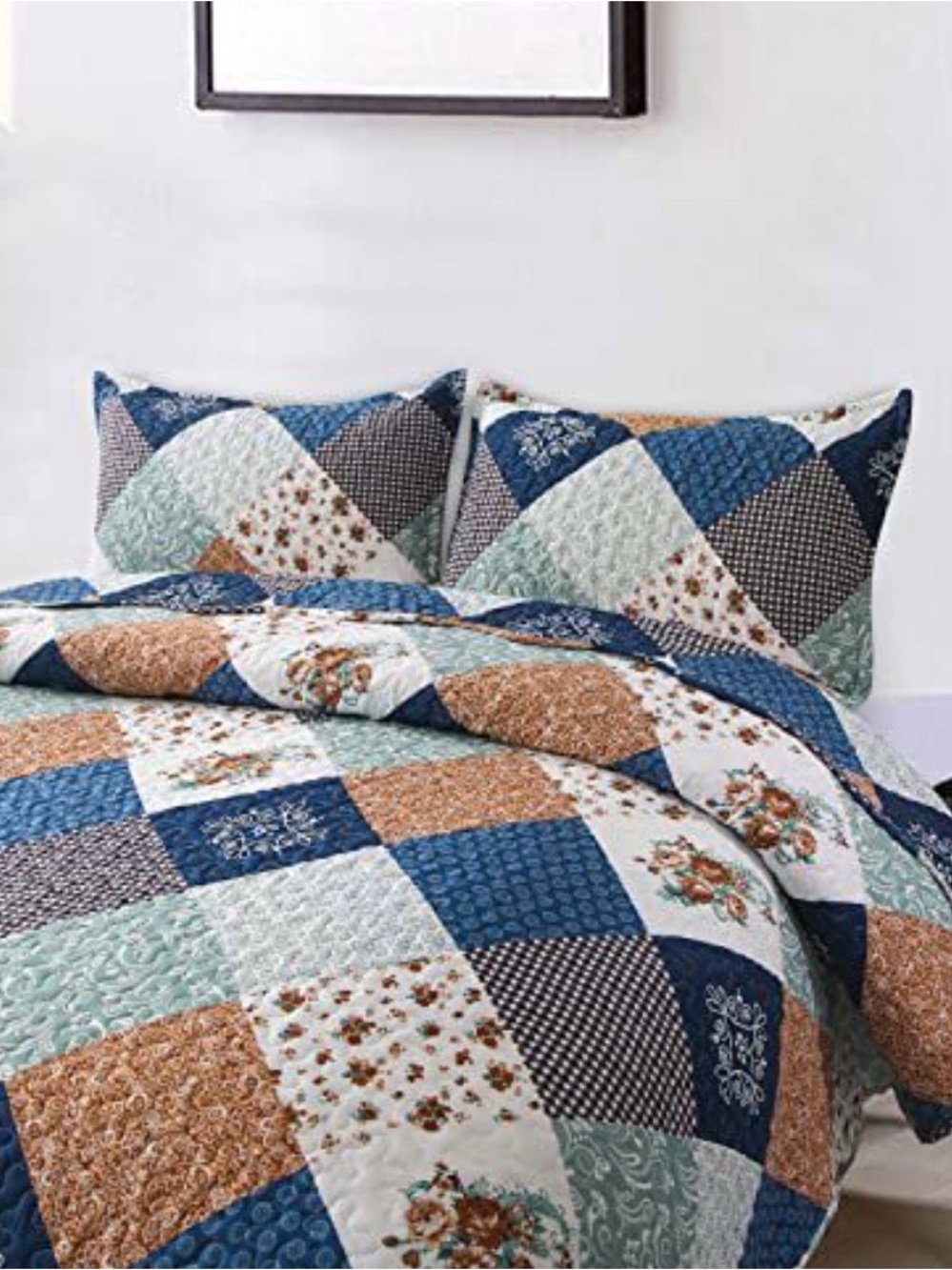 Patchwork Quilted Bedspread Set in Blue, Brown & Cream - Classic Floral Check